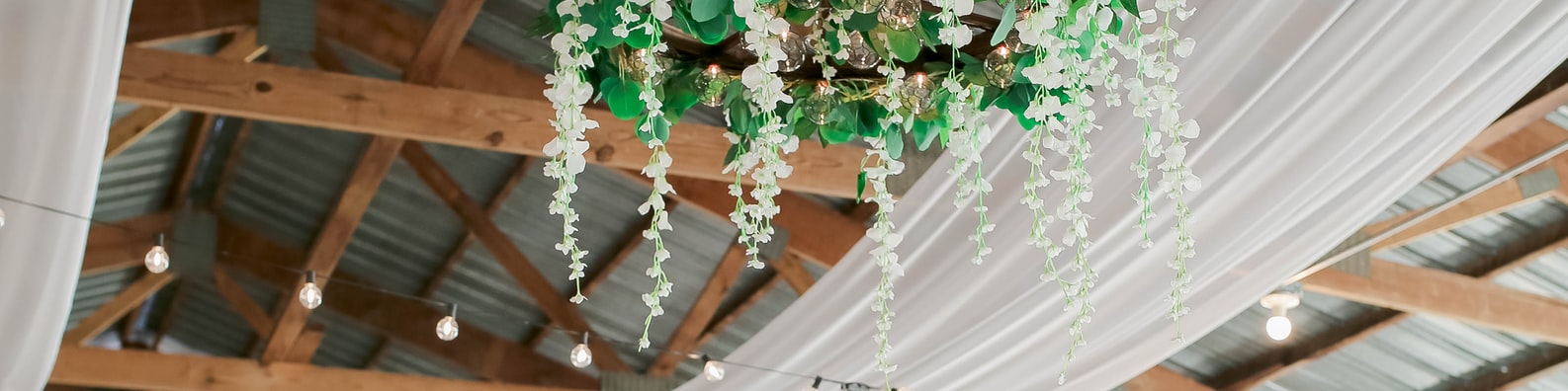 Abstract LinkedIn Cover Photo with Ceiling Decoration With White Flowers And Drapings